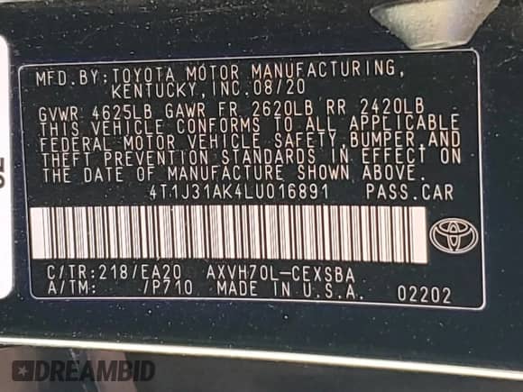 2020 Toyota Camry Hybrid SE z VIN 4T1J31AK4LU016891, wystawiony jako Copart lot #84918825 z przebiegiem 105 428 mil mil oraz Szkoda całkowita • Salvage title. Historia ofert i sprzedaży dostępna na DreamBid. Obrazek 12.