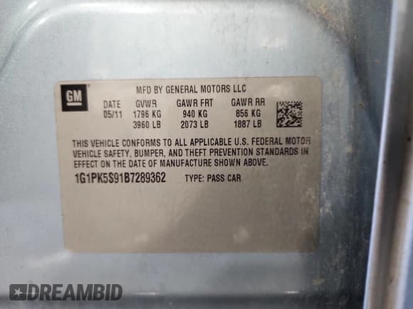 ✅ 2011 Chevrolet Cruze ECO 1XF • VIN: 1G1PK5S91B7289362 • Lot: 86447885. Listed on Copart with 213,636 mi. Free auction sales archive from the USA and detailed vehicle history report at DreamBid. Image 12.