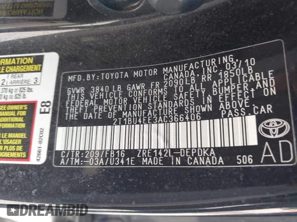 ✅ 2010 Toyota Corolla • VIN: 2T1BU4EE3AC366406 • Lot: 42321880. Listed on IAAI with 159,153 mi. Free auction sales archive from the USA and detailed vehicle history report at DreamBid. Image 9.