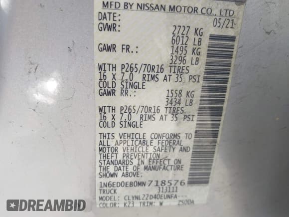 ✅ 2021 Nissan Frontier SV • VIN: 1N6ED0EB0MN718576 • Lot: 43614477. Listed on IAAI with 51,567 mi. Free auction sales archive from the USA and detailed vehicle history report at DreamBid. Image 9.