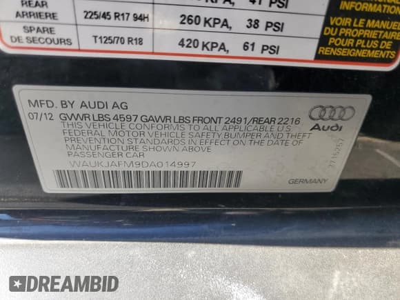 ✅ 2013 Audi A3 Premium Plus • VIN: WAUKJAFM9DA014997 • Lot: 62399965. Listed on Copart with 102,399 mi. Free auction sales archive from the USA and detailed vehicle history report at DreamBid. Image 13.