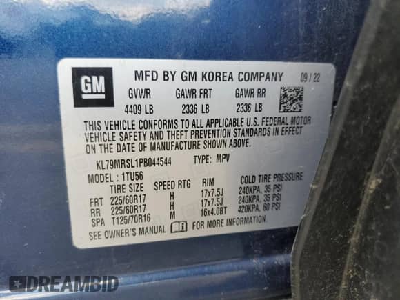 2023 Chevrolet TrailBlazer LT с VIN KL79MRSL1PB044544, выставлен на аукционе Copart как лот 90131005 с пробегом 89 798 миль миль и Списание • Salvage title. История ставок и продаж доступна на DreamBid. Изображение 12.