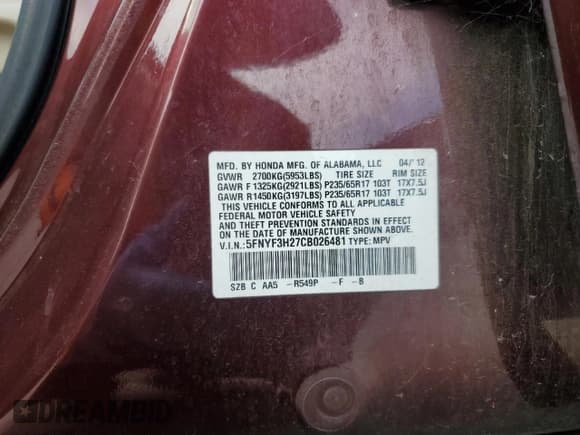 ✅ 2012 Honda Pilot LX • VIN: 5FNYF3H27CB026481 • Lot: 91973895. Listed on Copart with 170,001 mi. Free auction sales archive from the USA and detailed vehicle history report at DreamBid. Image 13.