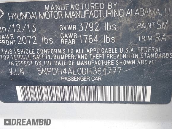 ✅ 2013 Hyundai Elantra Limited • VIN: 5NPDH4AE0DH364777 • Lot: 43385472. Listed on IAAI with 95,781 mi. Free auction sales archive from the USA and detailed vehicle history report at DreamBid. Image 9.