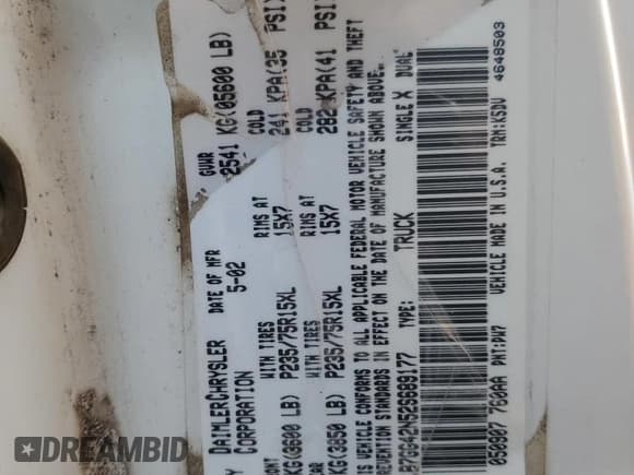 ✅ 2002 Dodge Dakota SLT • VIN: 1B7GG42N52S689177 • Lot: 42699345. Wystawiony na Copart z przebiegiem 167 471 mil. Bezpłatny archiwum sprzedaży aukcyjnych z USA i szczegółowy raport historii pojazdu na DreamBid. Zdjęcie 12.