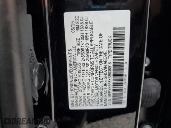 ✅ 2025 Honda Ridgeline Black Edition • VIN: 5FPYK3F8XSB036916 • Lot: 85086855. Wystawiony na Copart z przebiegiem 2 343 mil. Bezpłatny archiwum sprzedaży aukcyjnych z USA i szczegółowy raport historii pojazdu na DreamBid. Zdjęcie 12.