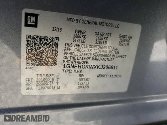 2019 Chevrolet Traverse LT Cloth z VIN 1GNERGKWXKJ206811, wystawiony jako Copart lot #90910665 z przebiegiem 176 954 mil mil oraz Czysty tytuł • Clean title. Historia ofert i sprzedaży dostępna na DreamBid. Obrazek 13.