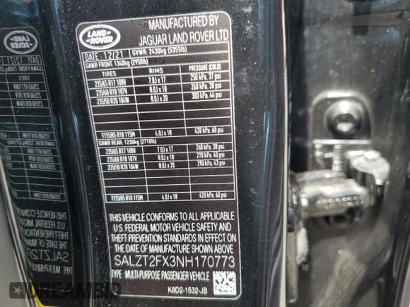 ✅ 2022 Land Rover Range Rover Evoque R-Dynamic S • VIN: SALZT2FX3NH170773 • Lot: 63517795. Wystawiony na Copart z przebiegiem 35 732 mil. Bezpłatny archiwum sprzedaży aukcyjnych z USA i szczegółowy raport historii pojazdu na DreamBid. Zdjęcie 13.