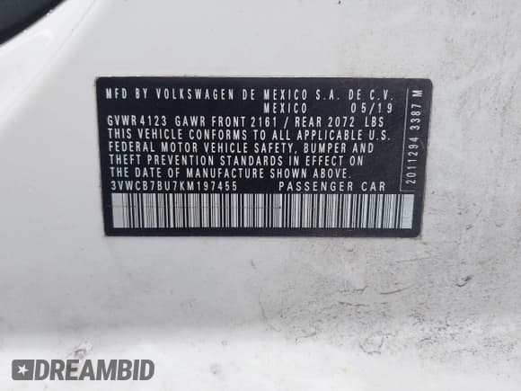 ✅ 2019 Volkswagen Jetta S • VIN: 3VWCB7BU7KM197455 • Лот: 41155440. Опубликован ранее на IAAI с пробегом 86 787 миль. Бесплатный доступ к архиву аукционных продаж из США и подробный отчёт об истории автомобиля на DreamBid. Изображение 9.