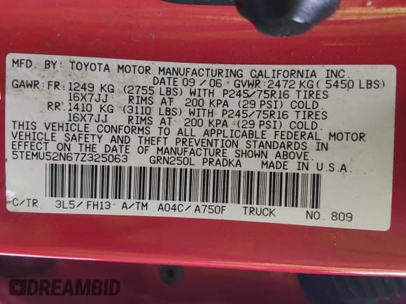 ✅ 2007 Toyota Tacoma • VIN: 5TEMU52N67Z325063 • Lot: 43927726. Listed on IAAI with 198,712 mi. Free auction sales archive from the USA and detailed vehicle history report at DreamBid. Image 9.