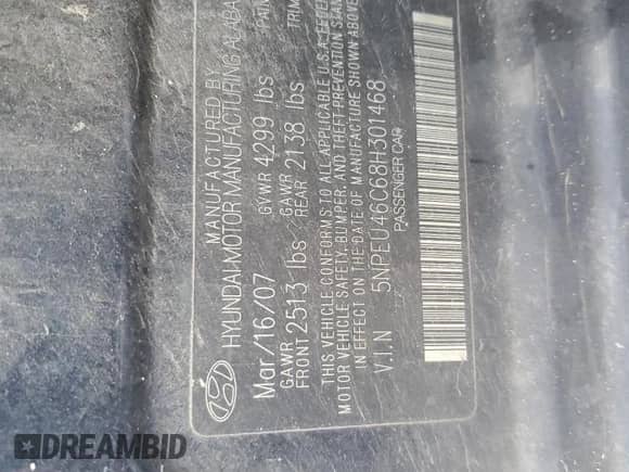 2008 Hyundai Sonata SE with VIN 5NPEU46C68H301468, listed as a Copart auction lot 74022314 with 221,132 mi miles and Salvage title. Bid and sale history available at DreamBid. Image 13.