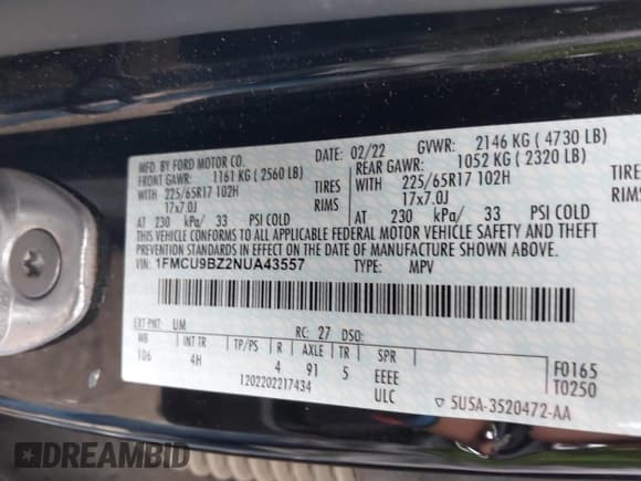 ✅ 2022 Ford Escape SE Hybrid • VIN: 1FMCU9BZ2NUA43557 • Лот: 43057569. Опубликован ранее на IAAI с пробегом 177 686 миль. Бесплатный доступ к архиву аукционных продаж из США и подробный отчёт об истории автомобиля на DreamBid. Изображение 9.