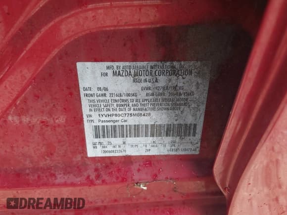 ✅ 2007 Mazda 6 i Sport VE • VIN: 1YVHP80C775M08428 • Лот: 42608376. Опубликован ранее на IAAI с пробегом 148 199 миль. Бесплатный доступ к архиву аукционных продаж из США и подробный отчёт об истории автомобиля на DreamBid. Изображение 9.