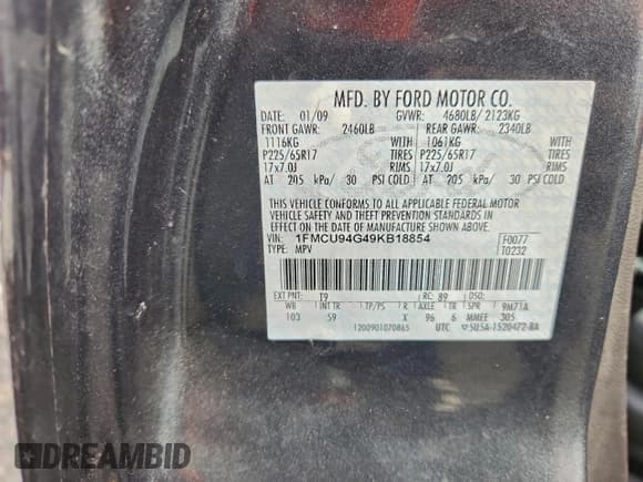✅ 2009 Ford Escape Limited • VIN: 1FMCU94G49KB18854 • Lot: 94308285. Wystawiony na Copart z przebiegiem 207 185 mil. Bezpłatny archiwum sprzedaży aukcyjnych z USA i szczegółowy raport historii pojazdu na DreamBid. Zdjęcie 14.