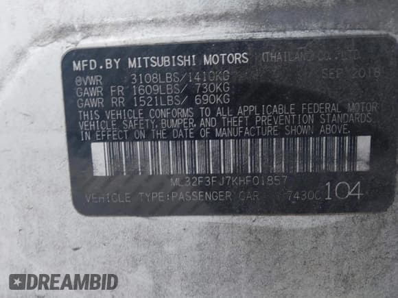 ✅ 2019 Mitsubishi Mirage ES • VIN: ML32F3FJ7KHF01857 • Lot: 43647626. Listed on IAAI with 71,244 mi. Free auction sales archive from the USA and detailed vehicle history report at DreamBid. Image 9.