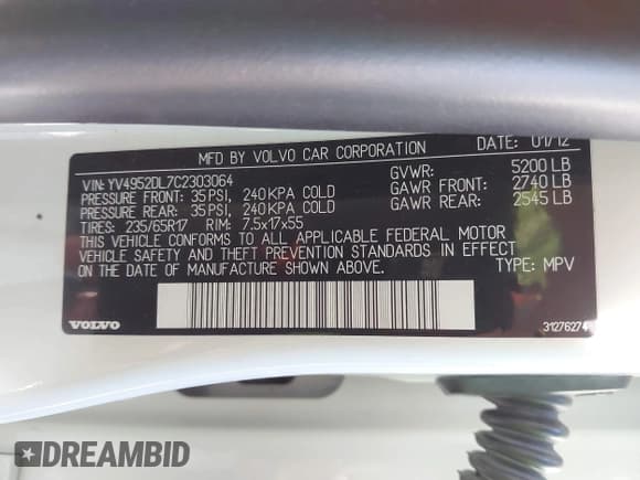 ✅ 2012 Volvo XC60 3.2L • VIN: YV4952DL7C2303064 • Lot: 43571253. Listed on IAAI with 39,926 mi. Free auction sales archive from the USA and detailed vehicle history report at DreamBid. Image 9.