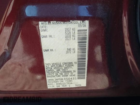 ✅ 2016 Nissan Altima S • VIN: 1N4AL3AP5GN350431 • Lot: 43524552. Listed on IAAI with 136,610 mi. Free auction sales archive from the USA and detailed vehicle history report at DreamBid. Image 9.