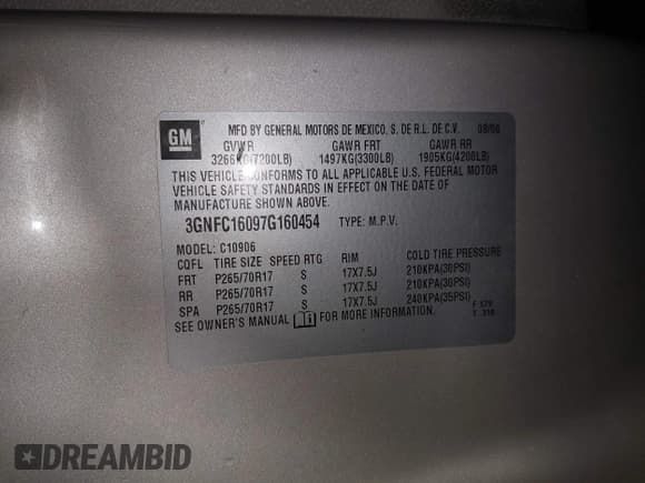 ✅ 2007 Chevrolet Suburban LT • VIN: 3GNFC16097G160454 • Lot: 43723778. Listed on IAAI with Not provided. Free auction sales archive from the USA and detailed vehicle history report at DreamBid. Image 9.