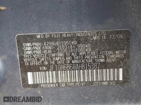 ✅ 2010 Subaru Impreza i Premium • VIN: JF1GH6B68AH815387 • Lot: 40809621. Listed on IAAI with 127,472 mi. Free auction sales archive from the USA and detailed vehicle history report at DreamBid. Image 9.