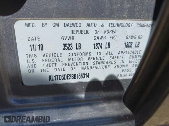 ✅ 2011 Chevrolet Aveo 1LT • VIN: KL1TD5DE2BB166314 • Lot: 42189240. Wystawiony na IAAI z przebiegiem 140 922 mil. Bezpłatny archiwum sprzedaży aukcyjnych z USA i szczegółowy raport historii pojazdu na DreamBid. Zdjęcie 9.