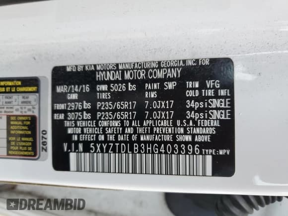 ✅ 2017 Hyundai Santa Fe 2.4L • VIN: 5XYZTDLB3HG403396 • Lot: 90454515. Listed on Copart with 143,486 mi. Free auction sales archive from the USA and detailed vehicle history report at DreamBid. Image 14.