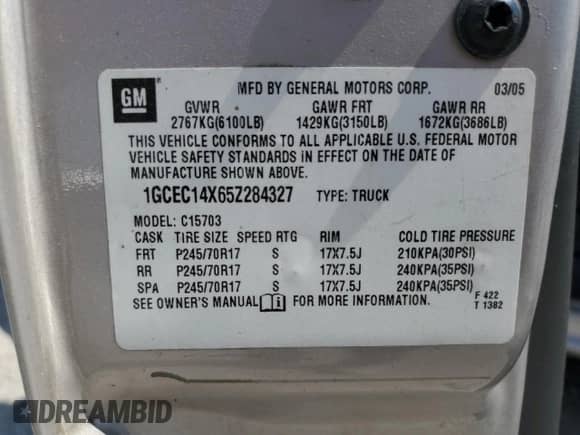 2005 Chevrolet Silverado 1500 Work Truck с VIN 1GCEC14X65Z284327, выставлен на аукционе Copart как лот 62468105 с пробегом 72 237 миль миль и Списание • Salvage title. История ставок и продаж доступна на DreamBid. Изображение 12.