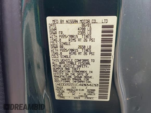 ✅ 2001 Nissan Frontier XE • VIN: 1N6DD26S51C400420 • Lot: 42559810. Listed on IAAI with 76,145 mi. Free auction sales archive from the USA and detailed vehicle history report at DreamBid. Image 9.