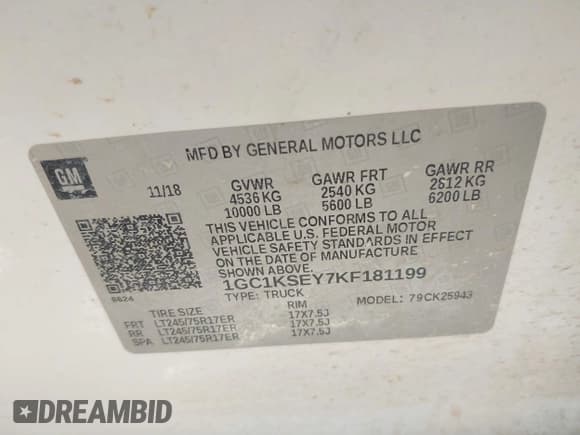 ✅ 2019 Chevrolet Silverado 2500HD LT • VIN: 1GC1KSEY7KF181199 • Lot: 41336202. Listed on IAAI with 178,160 mi. Free auction sales archive from the USA and detailed vehicle history report at DreamBid. Image 9.