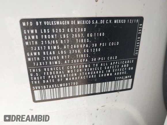 ✅ 2020 Volkswagen Tiguan S • VIN: 3VV1B7AX5LM091790 • Lot: 43471909. Listed on IAAI with 75,630 mi. Free auction sales archive from the USA and detailed vehicle history report at DreamBid. Image 9.