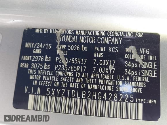 ✅ 2017 Hyundai Santa Fe 2.4L • VIN: 5XYZTDLB2HG428225 • Лот: 41621569. Опубликован ранее на IAAI с пробегом Не указан. Бесплатный доступ к архиву аукционных продаж из США и подробный отчёт об истории автомобиля на DreamBid. Изображение 9.