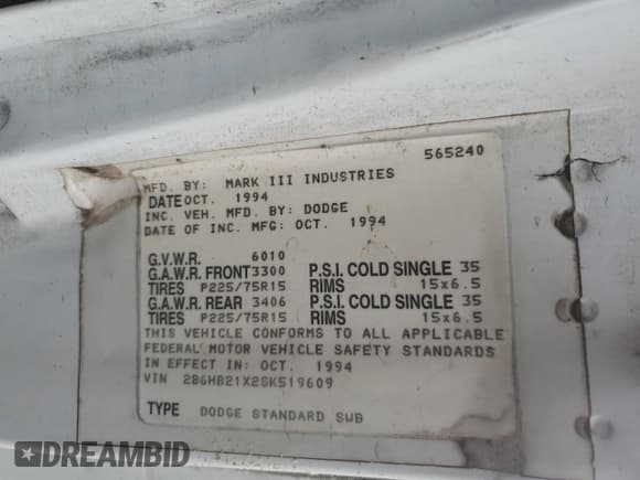 ✅ 1995 Dodge Cargo • VIN: 2B6HB21X2SK519609 • Lot: 76075104. Listed on Copart with 108,397 mi. Free auction sales archive from the USA and detailed vehicle history report at DreamBid. Image 13.