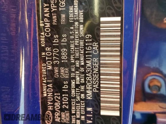 ✅ 2021 Hyundai Venue Denim • VIN: KMHRC8A30MU116119 • Lot: 45838645. Listed on Copart with 18,754 mi. Free auction sales archive from the USA and detailed vehicle history report at DreamBid. Image 13.