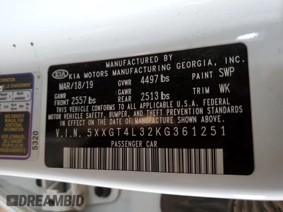 ✅ 2019 Kia Optima S • VIN: 5XXGT4L32KG361251 • Lot: 85090585. Wystawiony na Copart z przebiegiem 167 589 mil. Bezpłatny archiwum sprzedaży aukcyjnych z USA i szczegółowy raport historii pojazdu na DreamBid. Zdjęcie 12.