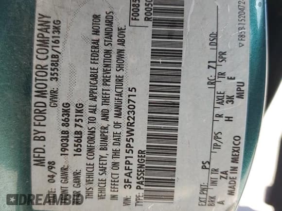 ✅ 1998 Ford Escort SE • VIN: 3FAFP15P5WR230715 • Lot: 58982595. Listed on Copart with 112,250 mi. Free auction sales archive from the USA and detailed vehicle history report at DreamBid. Image 12.