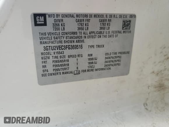 ✅ 2015 GMC Sierra 1500 SLT • VIN: 3GTU2VEC3FG369516 • Lot: 81142455. Listed on Copart with 224,502 mi. Free auction sales archive from the USA and detailed vehicle history report at DreamBid. Image 12.