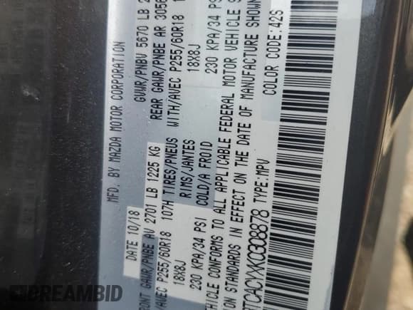 ✅ 2019 Mazda CX-9 Touring • VIN: JM3TCACYXK0308878 • Lot: 81946995. Listed on Copart with 107,307 mi. Free auction sales archive from the USA and detailed vehicle history report at DreamBid. Image 14.