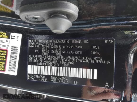 ✅ 2024 Toyota Highlander LE • VIN: 5TDKDRBH7RS540914 • Лот: 43499813. Опубликован ранее на IAAI с пробегом 20 529 миль. Бесплатный доступ к архиву аукционных продаж из США и подробный отчёт об истории автомобиля на DreamBid. Изображение 9.