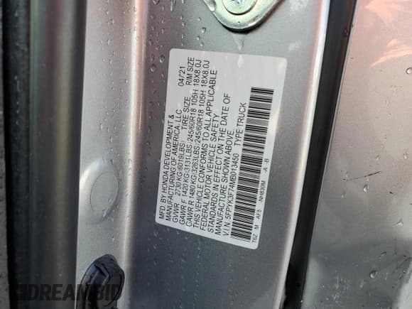 ✅ 2021 Honda Ridgeline RTL-E • VIN: 5FPYK3F74MB013450 • Lot: 55655845. Wystawiony na Copart z przebiegiem 43 697 mil. Bezpłatny archiwum sprzedaży aukcyjnych z USA i szczegółowy raport historii pojazdu na DreamBid. Zdjęcie 12.