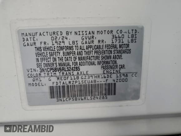 ✅ 2024 Nissan Kicks S • VIN: 3N1CP5BV6RL524285 • Лот: 94339955. Опубликован ранее на Copart с пробегом 22 647 миль. Бесплатный доступ к архиву аукционных продаж из США и подробный отчёт об истории автомобиля на DreamBid. Изображение 12.