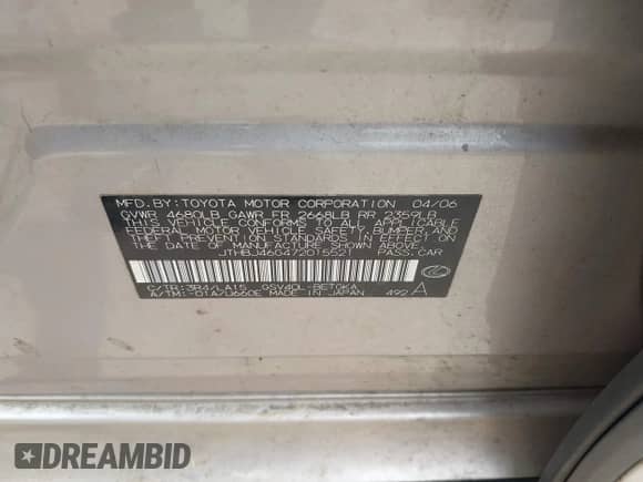 2007 Lexus ES 330 with VIN JTHBJ46G472015521, listed as a IAAI auction lot 42855733 with 137,437 mi miles and . Bid and sale history available at DreamBid. Image 9.