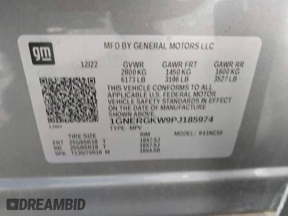 2023 Chevrolet Traverse LT Cloth с VIN 1GNERGKW9PJ185974, выставлен на аукционе IAAI как лот 43355065 с пробегом 39 673 миль миль и . История ставок и продаж доступна на DreamBid. Изображение 9.