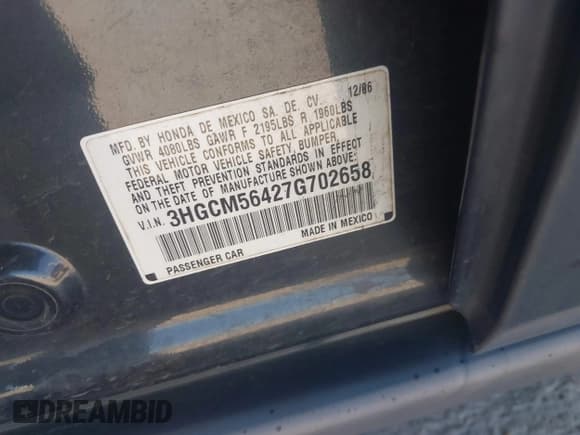 ✅ 2007 Honda Accord LX • VIN: 3HGCM56427G702658 • Лот: 43550979. Опубликован ранее на IAAI с пробегом 218 217 миль. Бесплатный доступ к архиву аукционных продаж из США и подробный отчёт об истории автомобиля на DreamBid. Изображение 9.