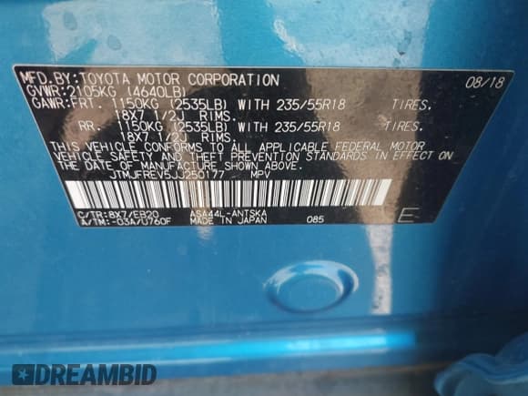 ✅ 2018 Toyota RAV4 SE • VIN: JTMJFREV5JJ250177 • Lot: 43147486. Listed on IAAI with 75,531 mi. Free auction sales archive from the USA and detailed vehicle history report at DreamBid. Image 9.