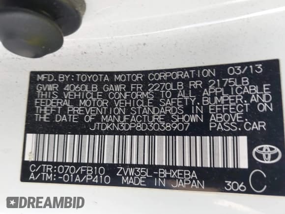 ✅ 2013 Toyota Prius • VIN: JTDKN3DP8D3038907 • Lot: 41360784. Listed on IAAI with 148,252 mi. Free auction sales archive from the USA and detailed vehicle history report at DreamBid. Image 9.