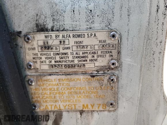 ✅ 1978 Alfa Romeo Spider • VIN: 115410002428 • Lot: 56698104. Listed on Copart with Not provided. Free auction sales archive from the USA and detailed vehicle history report at DreamBid. Image 12.