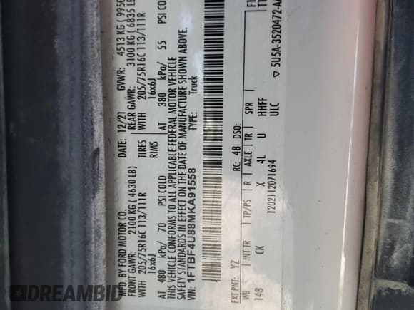 ✅ 2021 Ford Transit Cargo • VIN: 1FTBF4U88MKA91558 • Лот: 41597595. Опубликован ранее на Copart с пробегом 83 661 миль. Бесплатный доступ к архиву аукционных продаж из США и подробный отчёт об истории автомобиля на DreamBid. Изображение 10.