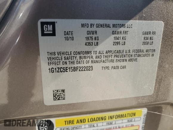 ✅ 2011 Chevrolet Malibu 1LT • VIN: 1G1ZC5E15BF222023 • Lot: 62998674. Listed on Copart with Not provided. Free auction sales archive from the USA and detailed vehicle history report at DreamBid. Image 13.