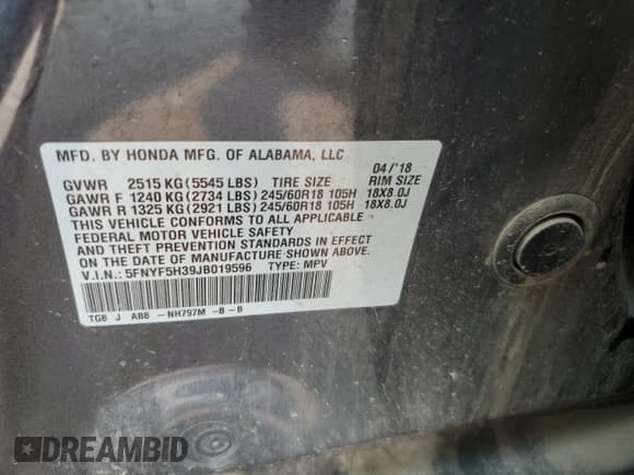 ✅ 2018 Honda Pilot EX • VIN: 5FNYF5H39JB019596 • Lot: 67734375. Listed on Copart with 117,053 mi. Free auction sales archive from the USA and detailed vehicle history report at DreamBid. Image 13.