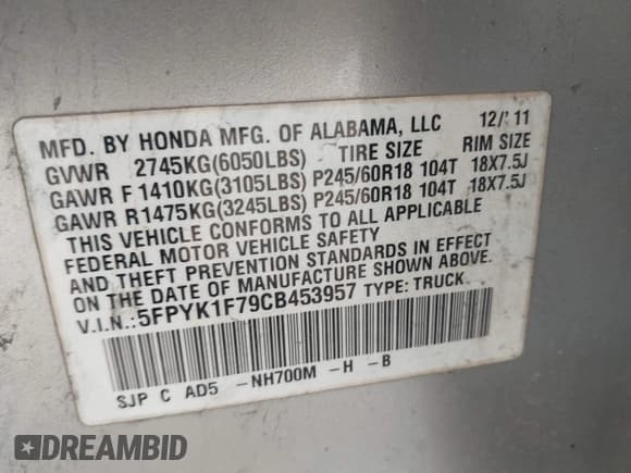 ✅ 2012 Honda Ridgeline Sport • VIN: 5FPYK1F79CB453957 • Lot: 42868526. Listed on IAAI with 185,991 mi. Free auction sales archive from the USA and detailed vehicle history report at DreamBid. Image 9.
