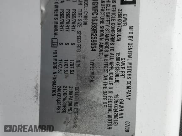 ✅ 2009 Chevrolet Suburban LS • VIN: 1GNFC16J39R259654 • Лот: 90142205. Опубликован ранее на Copart с пробегом 134 086 миль. Бесплатный доступ к архиву аукционных продаж из США и подробный отчёт об истории автомобиля на DreamBid. Изображение 13.